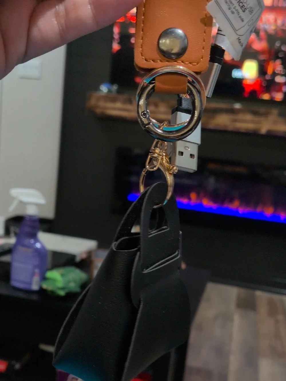 Brown Leather Keychain USB Charging Cable with Key Ring